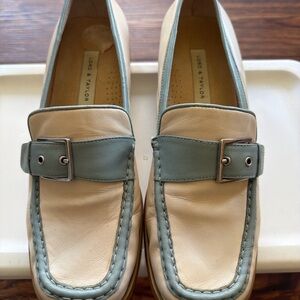 Lord & Taylor Two-Tone Leather Loafers with Buckle Detail – Cream & Soft Blue
